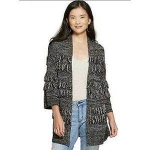 Knox Rose Open Front Cardigan Fringe Boho Festival Size XS NWT Black Marled